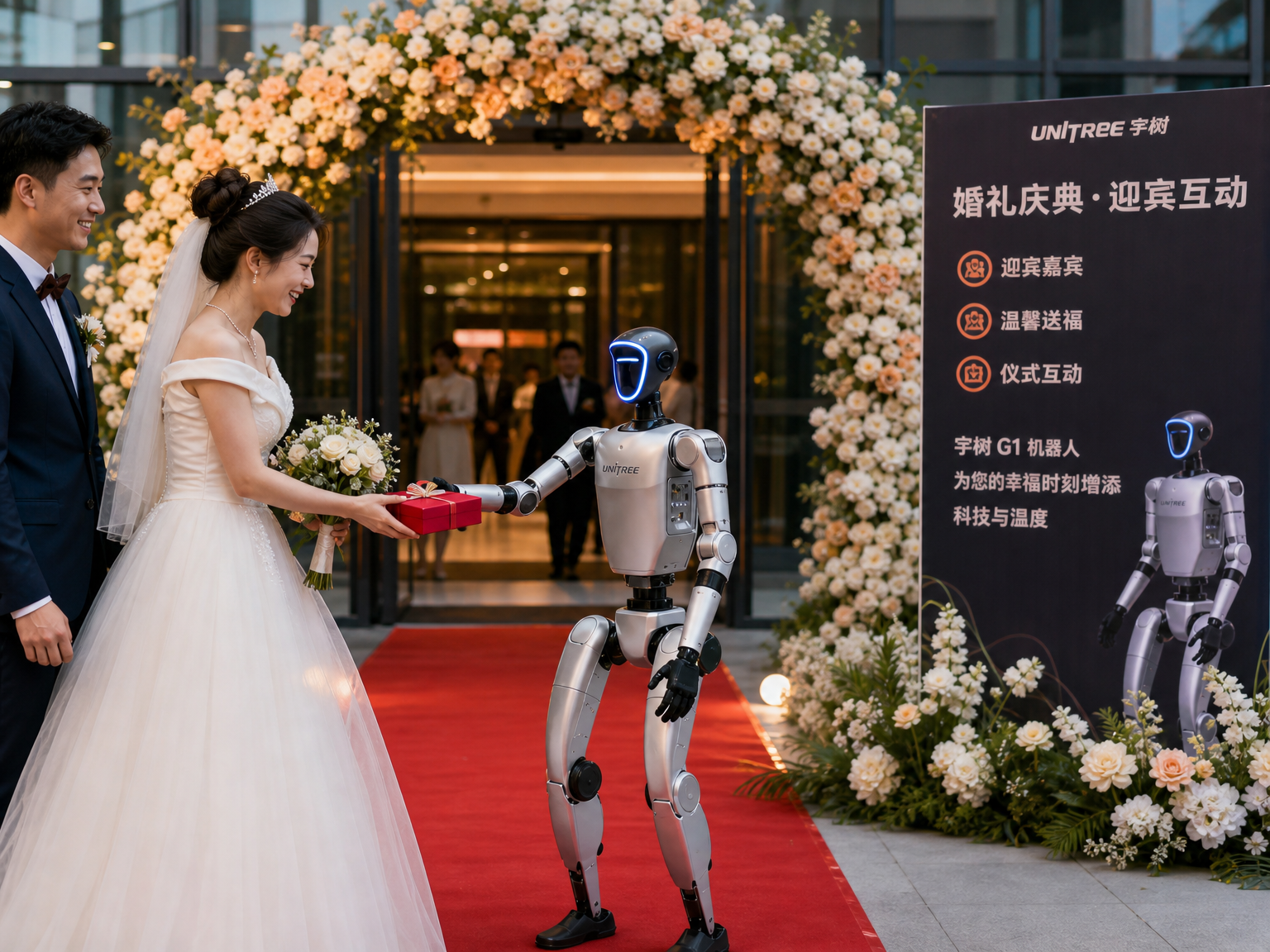 婚礼庆典场景：机器人迎宾嘉宾送福与仪式互动