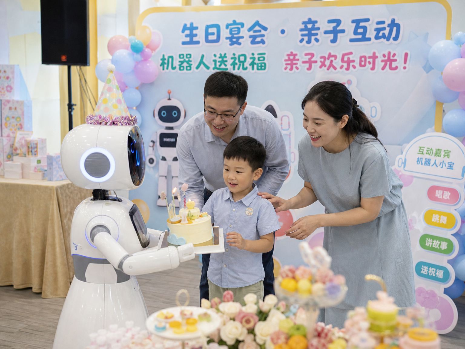 生日宴会场景：机器人互动嘉宾迎宾送祝福与亲子欢乐互动
