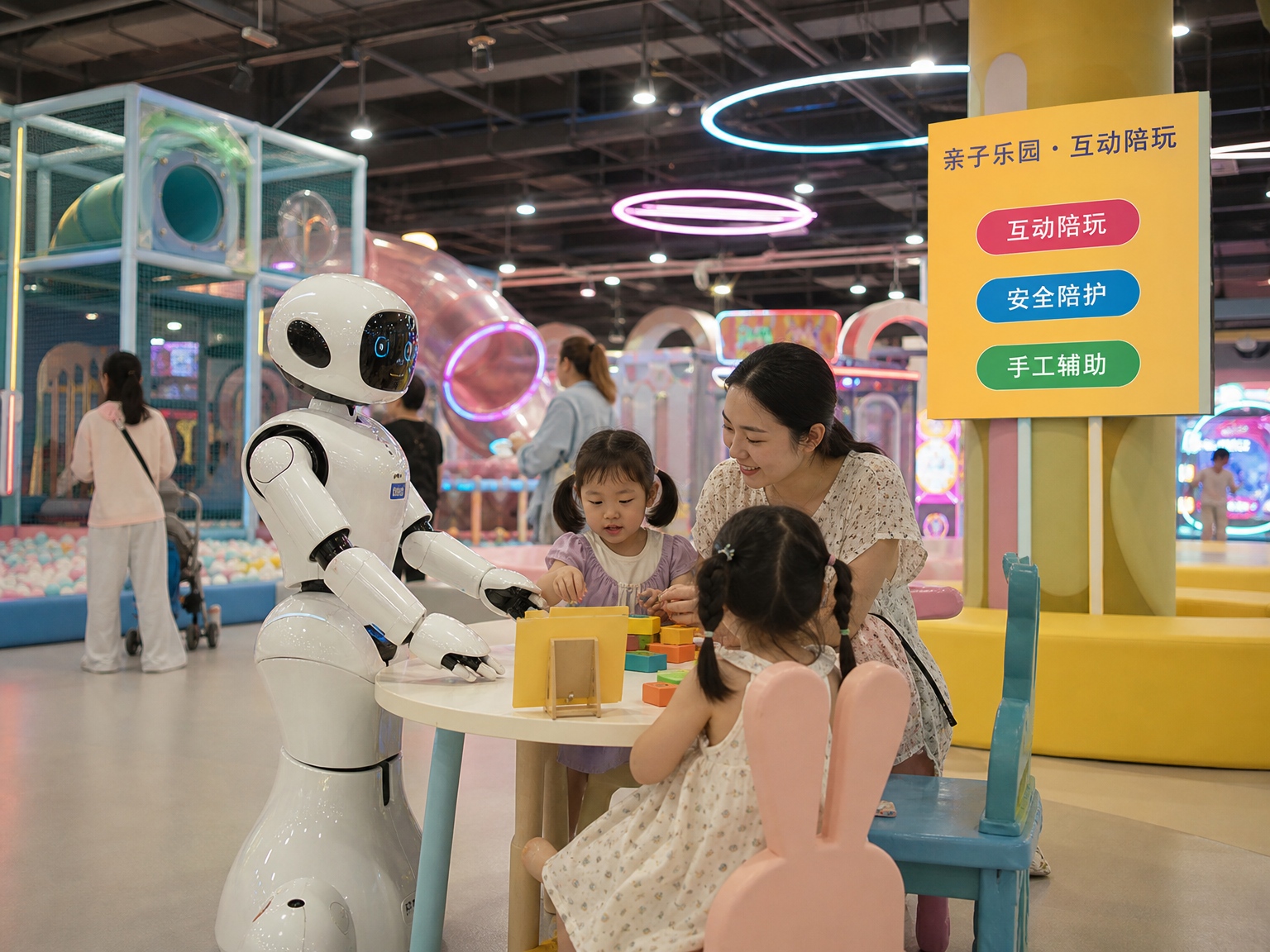 亲子乐园场景：机器人互动陪玩安全陪护与手工辅助