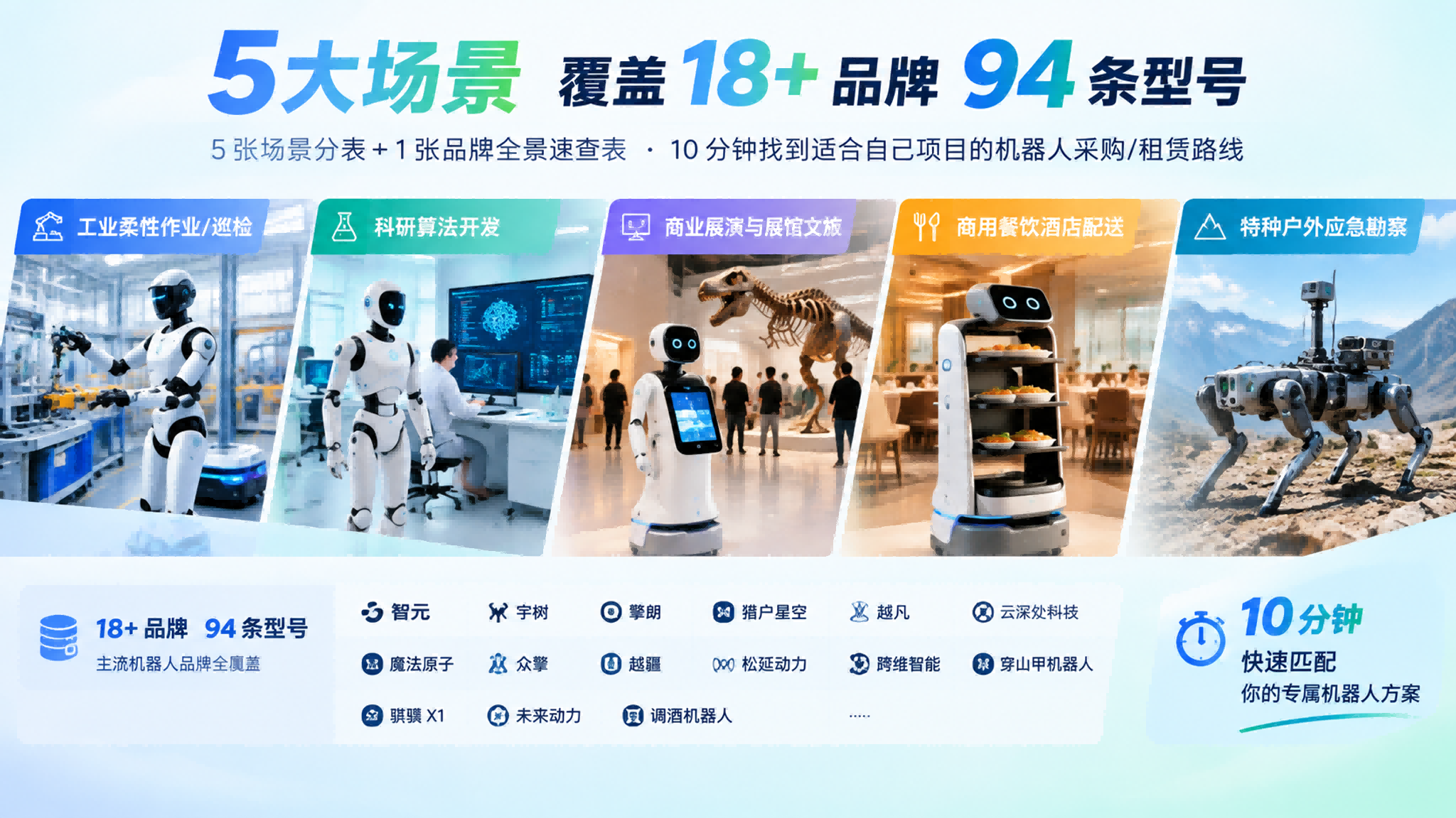 机器人选型全景对比：5 大场景 94 条主流型号分表速查